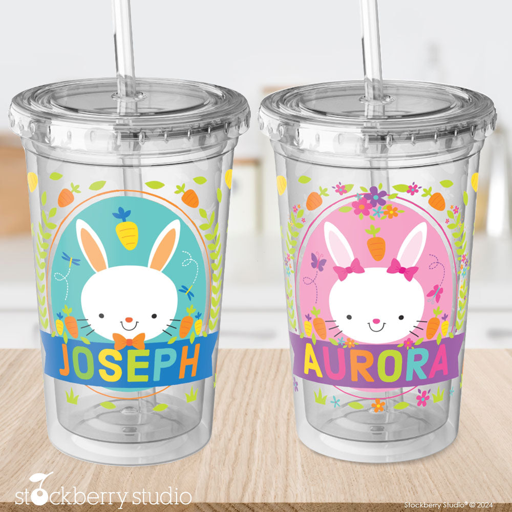 Personalized Kids Easter Bunny Cup with Straw - Custom Acrylic Tumbler for Easter Basket Stuffers, Party Favors, and Spring Gifts