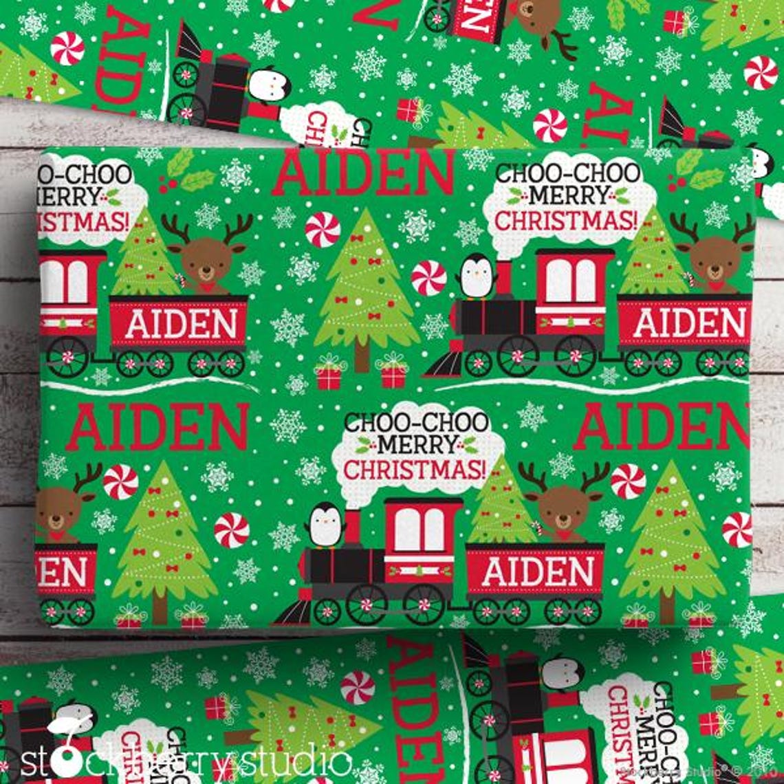 Christmas Train Wrapping Paper Personalized Name Kids Boy