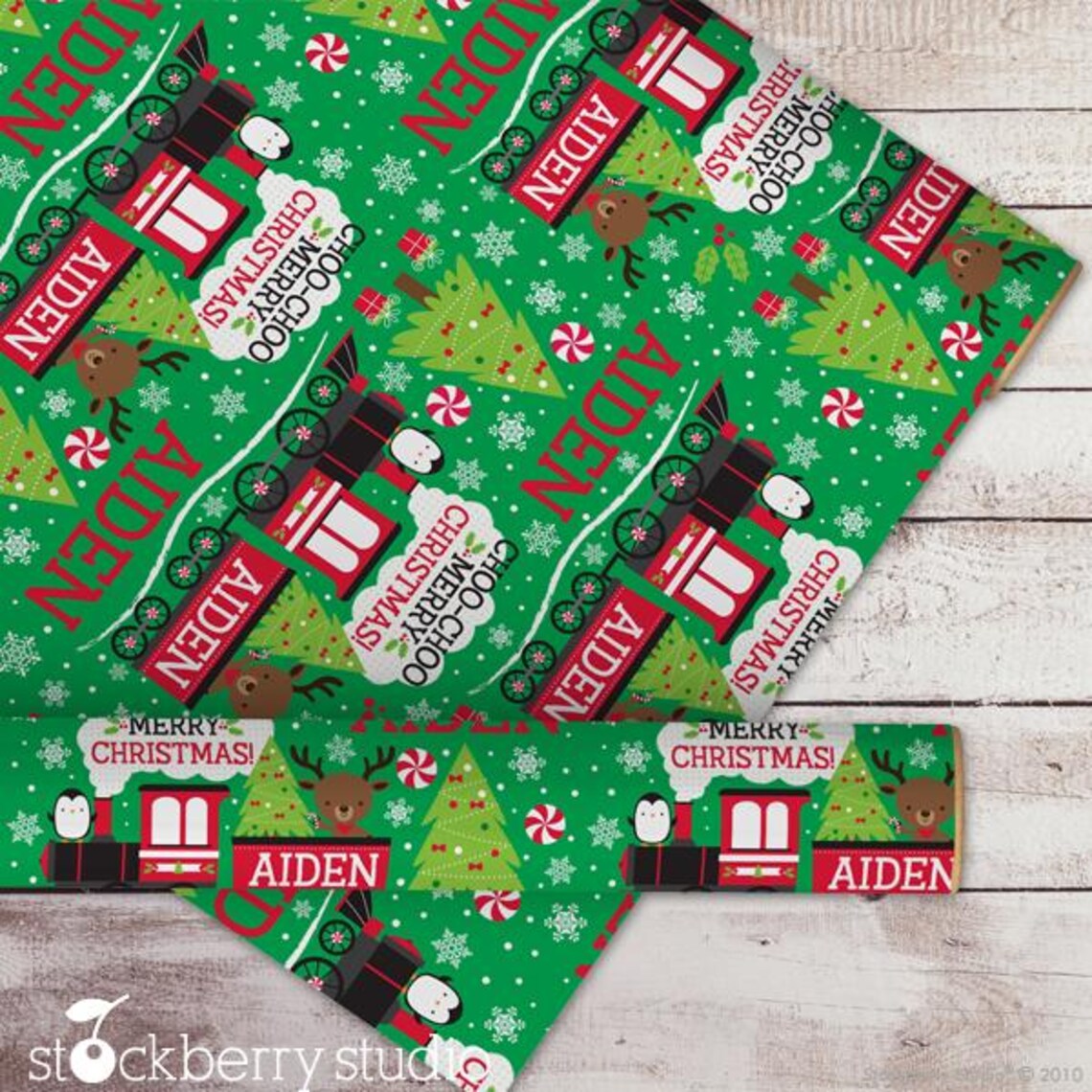 Christmas Train Wrapping Paper Personalized Name Kids Boy