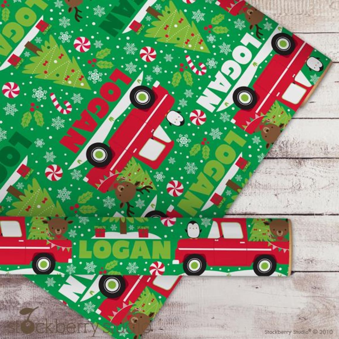 Christmas Red Truck Name Wrapping Paper Personalized – Custom Gift Wrap for Kids, Holiday Present