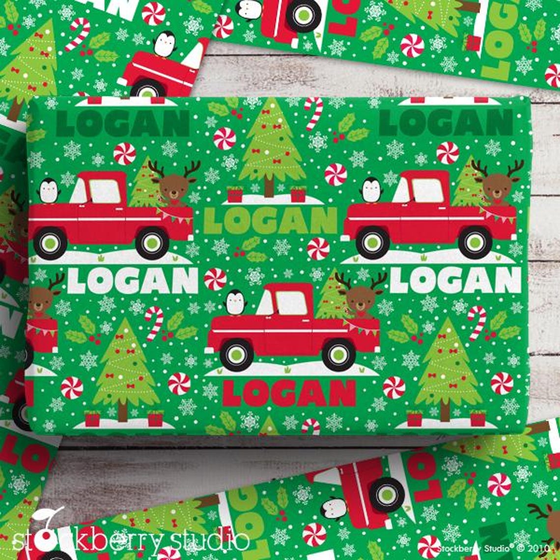 Christmas Red Truck Name Wrapping Paper Personalized – Custom Gift Wrap for Kids, Holiday Present