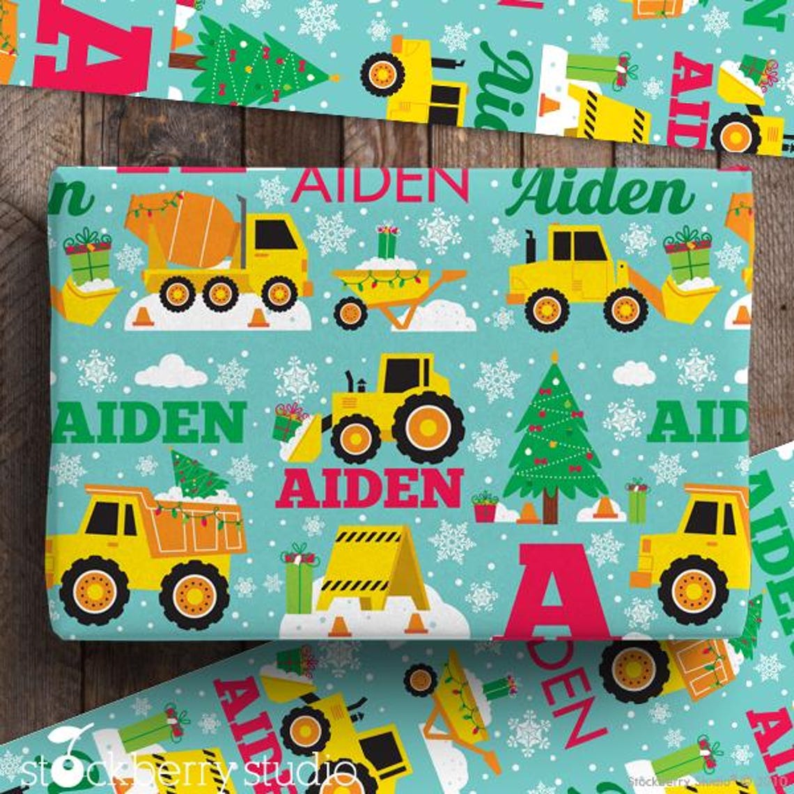 Christmas Construction Wrapping Paper Personalized Boy Name Gift Wrap