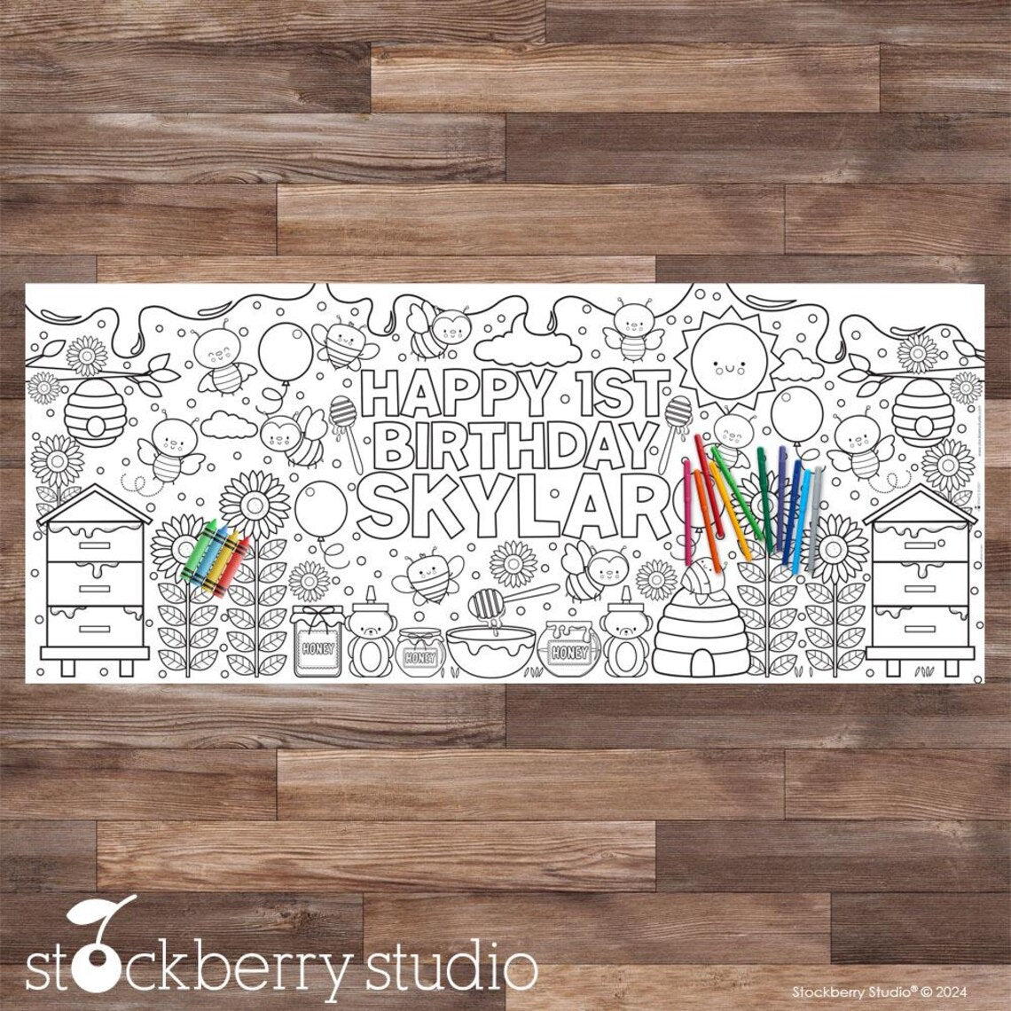 Personalized Bee Birthday Coloring Tablecloth - Custom Bumble Bee Party Decoration for First Birthday