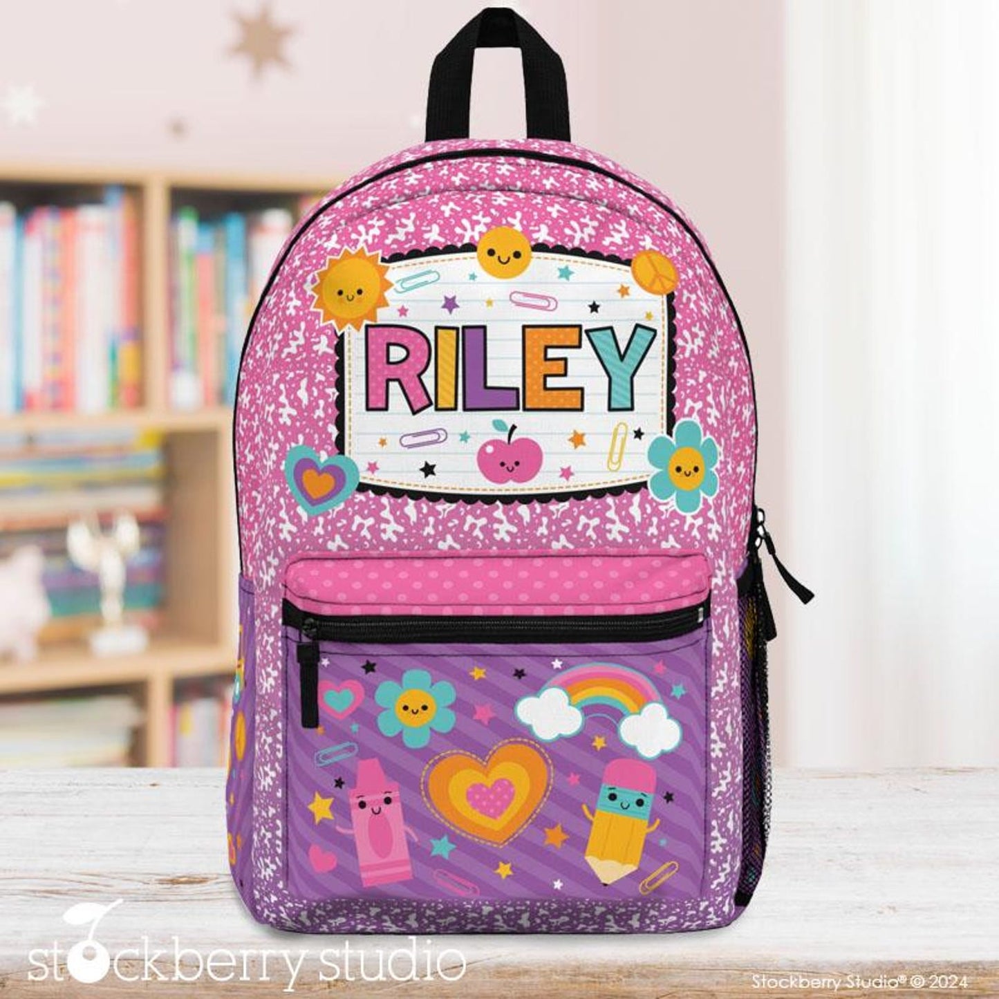Personalized Composition Book Backpack – Custom Rainbow Retro Groovy School Bag for Girls