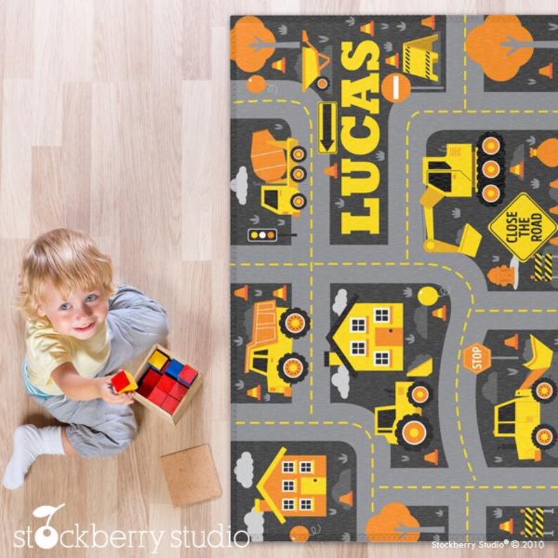 Construction Area Rug Kids Road Play Mat Boy Decor