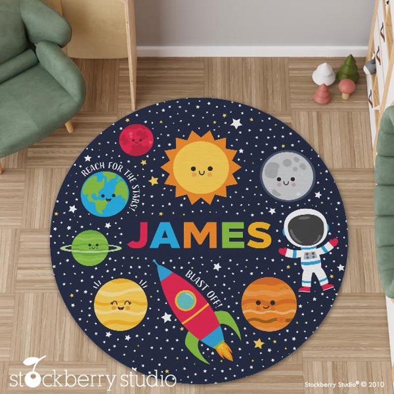 Space Area Rug Kids Room Planets Play Mat Boy Nursery Decor
