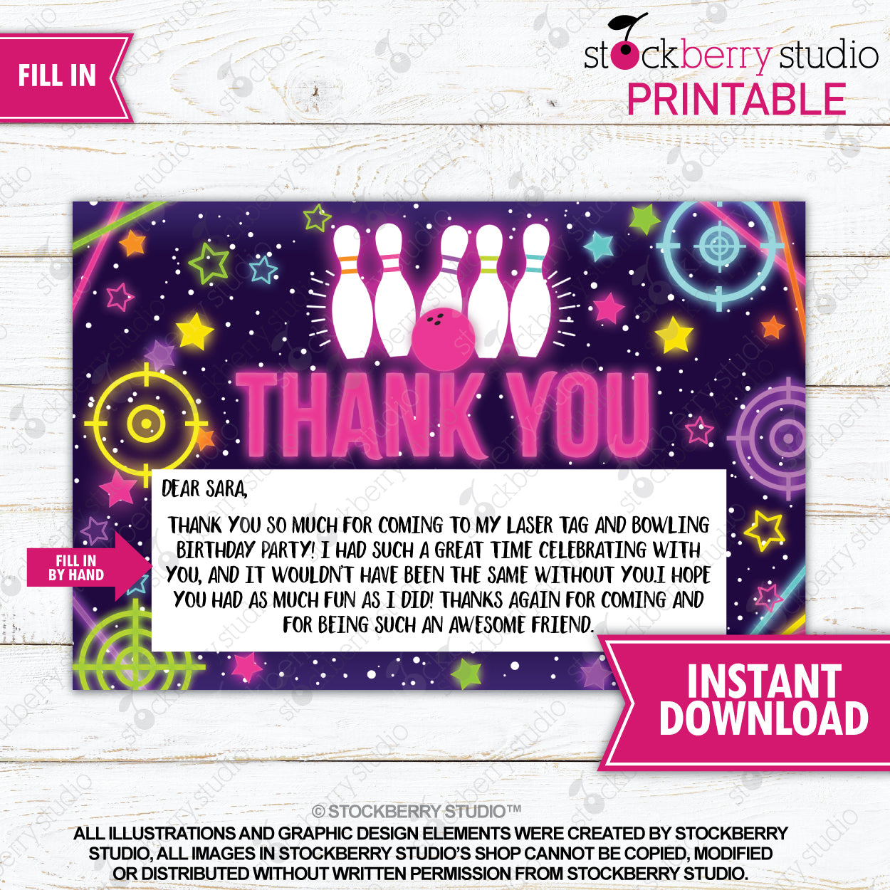 Girl Laser Tag Bowling Thank You Card Fill In