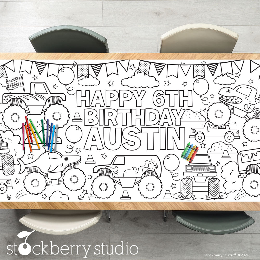 Monster Truck Birthday Party Coloring Tablecloth Decorations