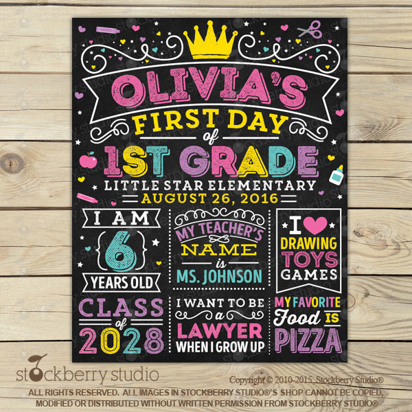 Girl First Day of School Sign Princess Back to School Pink and Gold - Stockberry Studio