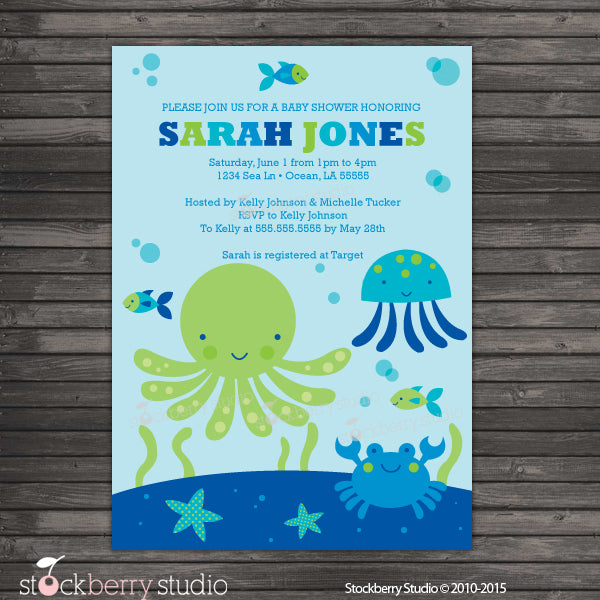 Under the Sea Baby Shower Boy Invitation Printable Ocean Blue and Green - Stockberry Studio