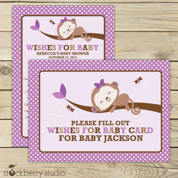 Girl Monkey Baby Shower Wishes for Baby Card Purple - Stockberry Studio