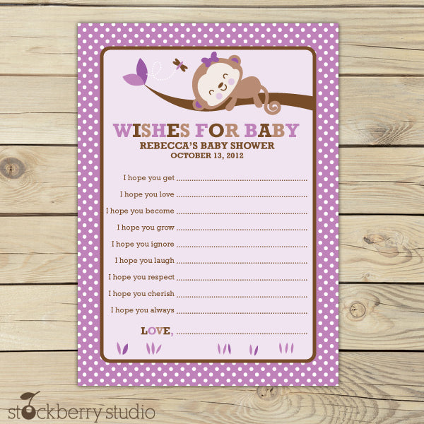 Girl Monkey Baby Shower Wishes for Baby Card Purple - Stockberry Studio