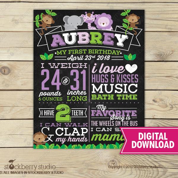 Safari Chalkboard Poster Printable - Jungle First Birthday Chalkboard Sign - Stockberry Studio
