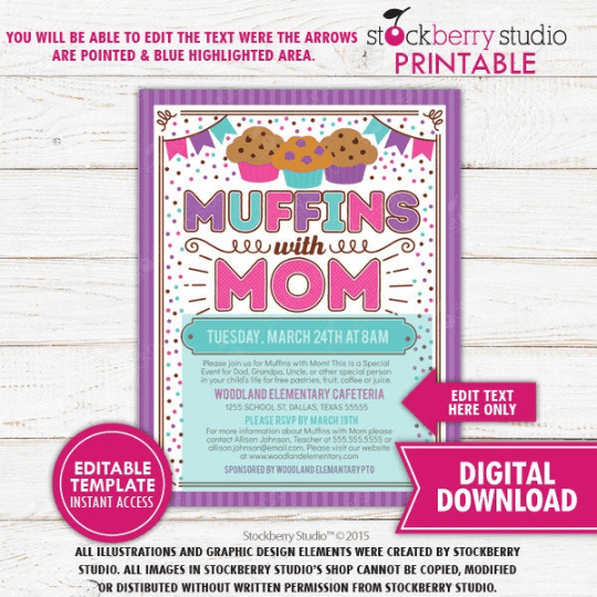 Muffins with Mom Invitation PTA School Flyer Mother's Day Brunch PTO Fundraiser Lunch Mom Appreciation Breakfast - Stockberry Studio