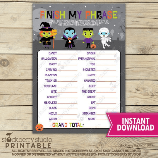 Halloween Finish My Phrase Party Game - Printable - Stockberry Studio