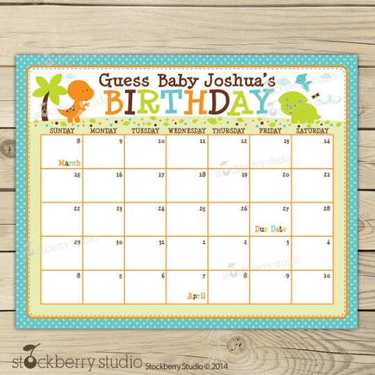 Dinosaur Baby Shower Guess the Due Date Calendar - Stockberry Studio