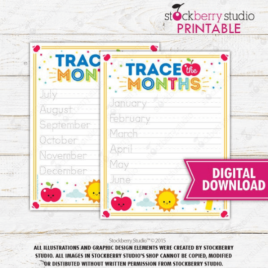 Months of the Year Tracing Worksheet - Homeschool - Preschool - Kindergarten - Stockberry Studio