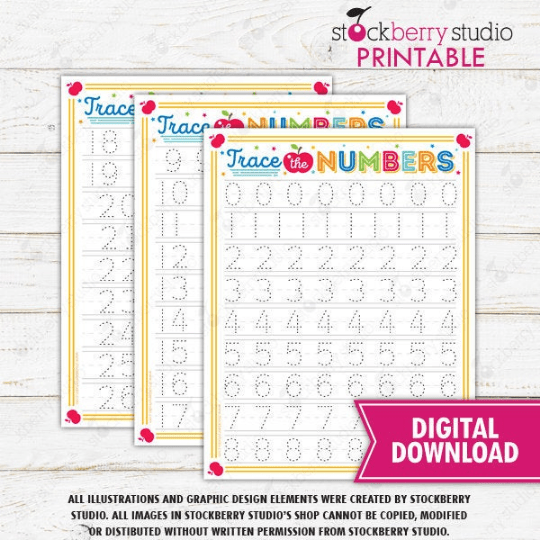 Number Tracing Worksheet - Homeschool - Preschool - Kindergarten - Stockberry Studio