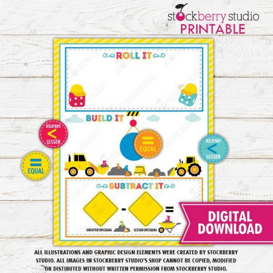 Subtraction Math Dice Game - Homeschool - Preschool - Kindergarten - Stockberry Studio