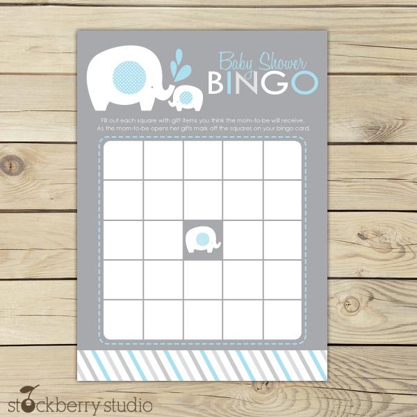 Boy Elephant Baby Shower Bingo Game Blue and Gray Instant Download - Stockberry Studio