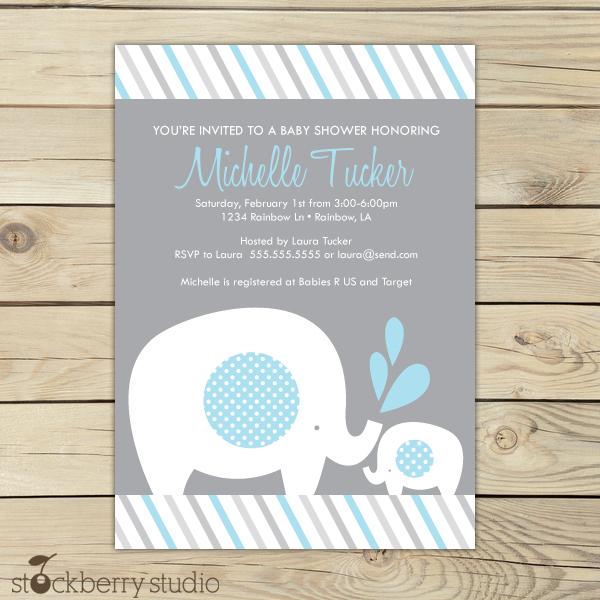 Boy Elephant Baby Shower Invitation Blue and Gray - Stockberry Studio