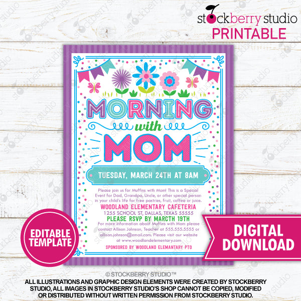 Muffins with Mom Invitation PTA School Flyer Mother's Day Brunch PTO Fundraiser Lunch Mom Appreciation Breakfast