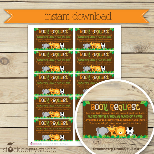 Safari Jungle Baby Shower Book Request Card Printable Instant Download - Stockberry Studio