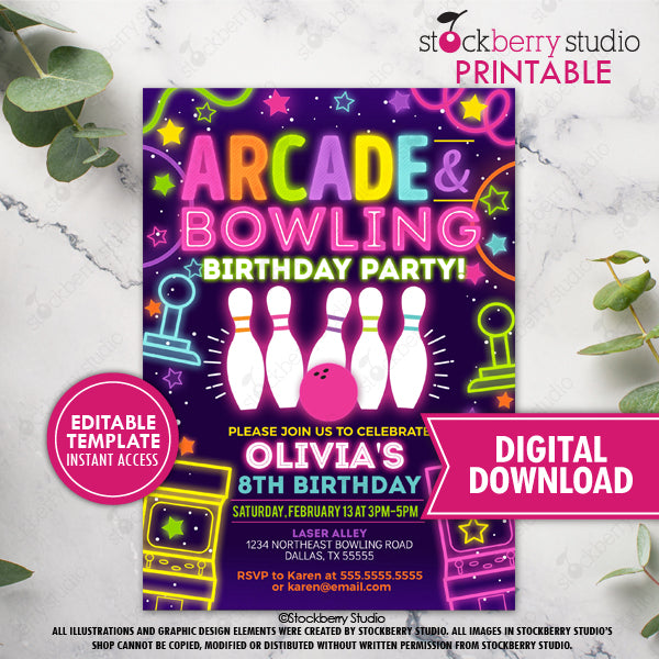 Girl Arcade Bowling Birthday Party Invitation