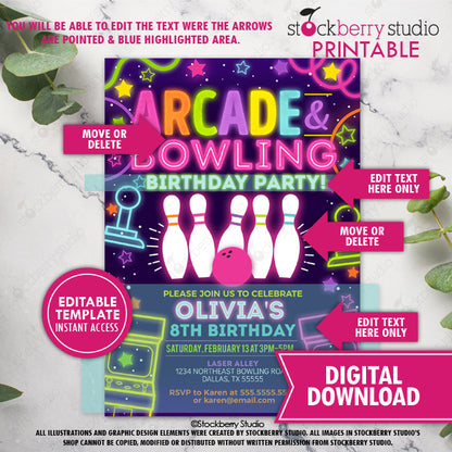 Girl Arcade Bowling Birthday Party Invitation