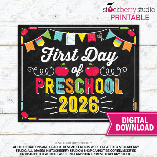 First Day of Preschool Sign (Primary Colors) - Any Grade