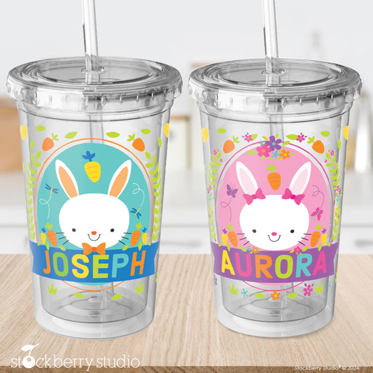 Personalized Kids Easter Bunny Cup with Straw - Custom Acrylic Tumbler for Easter Basket Stuffers, Party Favors, and Spring Gifts