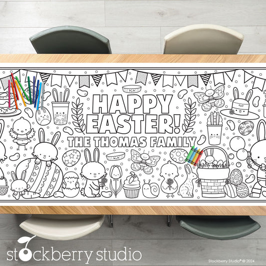 Personalized Easter Coloring Tablecloth - Giant Bunny & Chick Spring Party Activity Poster, Kids Birthday Decoration & Table Runner