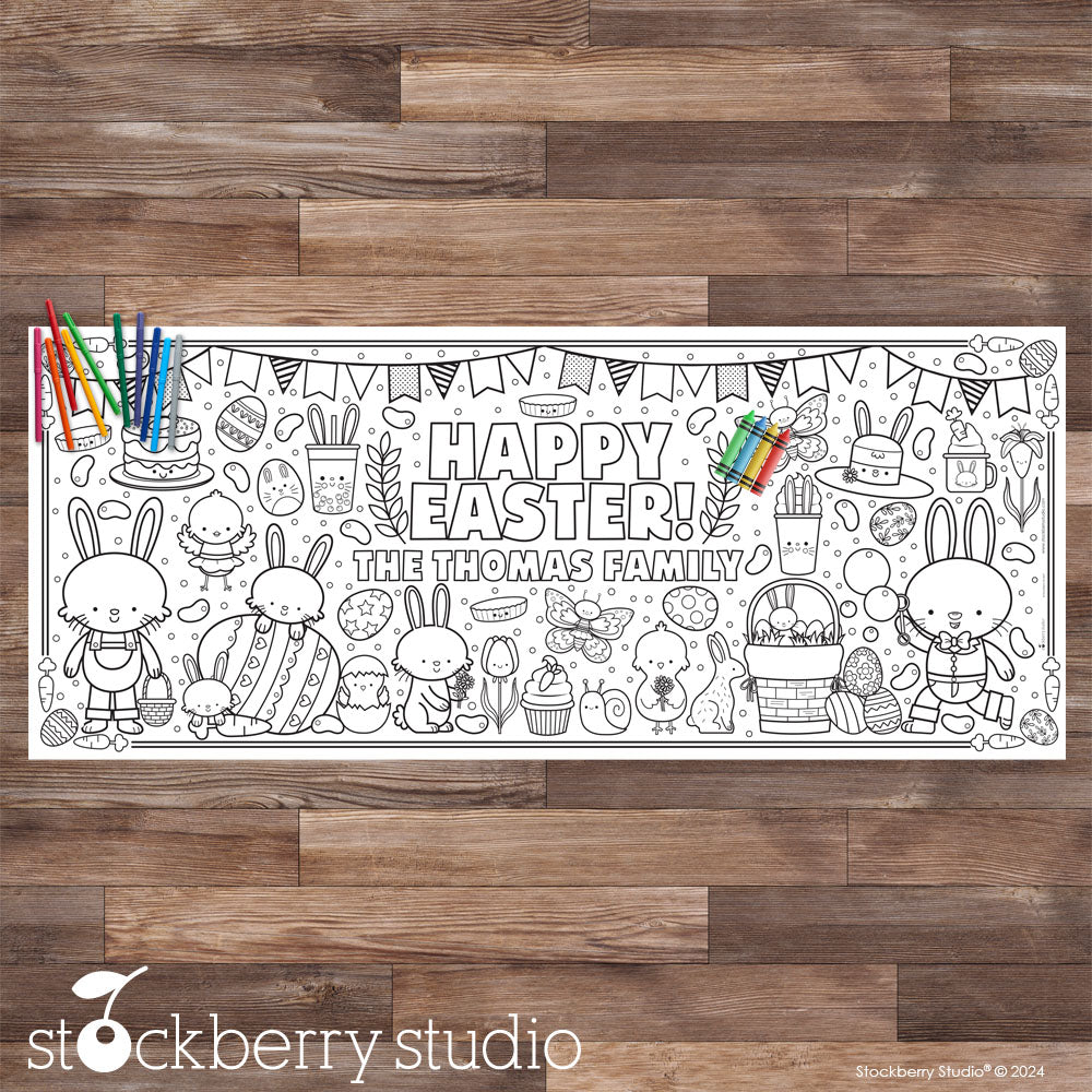 Personalized Easter Coloring Tablecloth - Giant Bunny & Chick Spring Party Activity Poster, Kids Birthday Decoration & Table Runner
