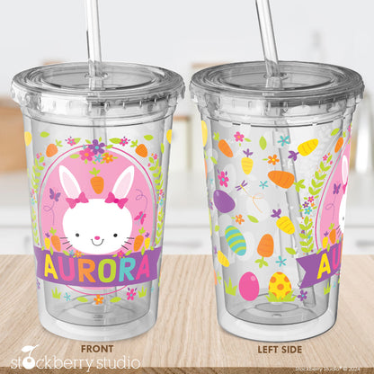 Personalized Kids Easter Bunny Cup with Straw - Custom Acrylic Tumbler for Easter Basket Stuffers, Party Favors, and Spring Gifts