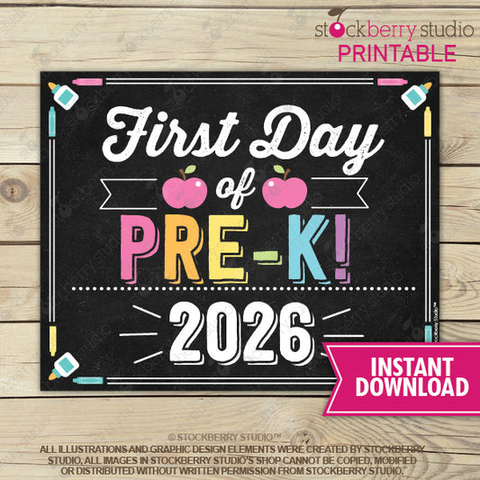 Girl First Day of Pre-K Sign Printable Instant Download