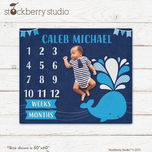 Personalized Whale Blanket Milestone Baby Growth Tracker Gift for Boys & Girls