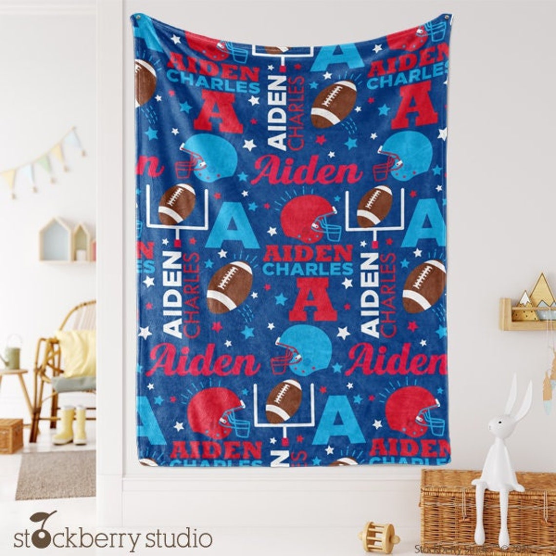 Personalized Football Baby Name Blanket - Custom Velveteen Plush or Sherpa Fleece Baby Gift