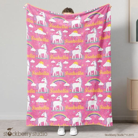 Unicorn Name Blanket Personalized Custom Rainbow Blanket for Girls Kids Gift