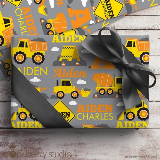 Construction Name Wrapping Paper Custom Gift Wrap Boy