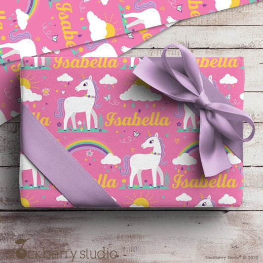 Unicorn Girl Name Wrapping Paper for Kids Personalized