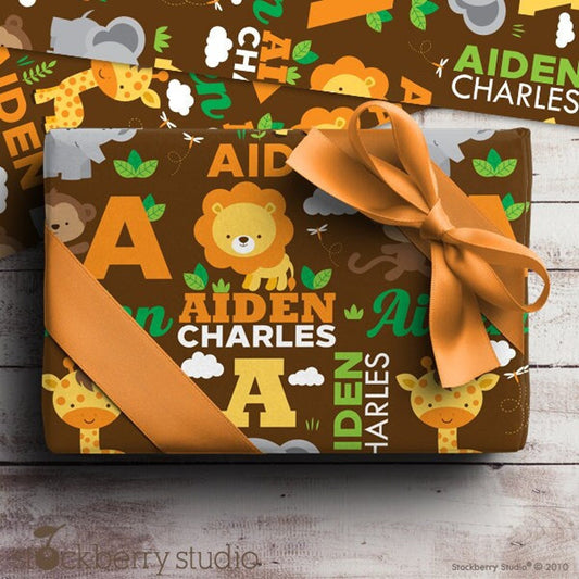 Safari Jungle Animals Name Wrapping Paper Baby Shower