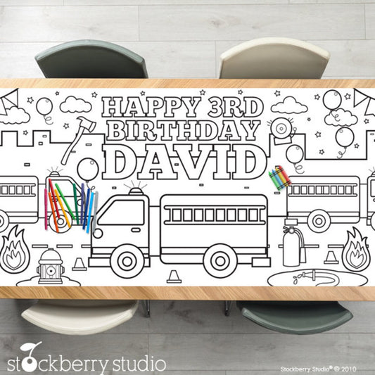 Fire Truck Coloring Tablecloth Birthday Party Decorations