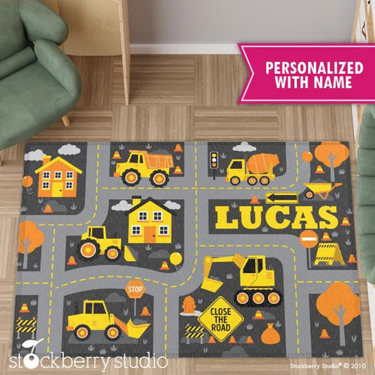 Construction Area Rug Kids Road Play Mat Boy Decor