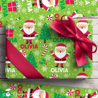 Santa Wrapping Paper Personalized Christmas Tree Gift Wrap Name Kids