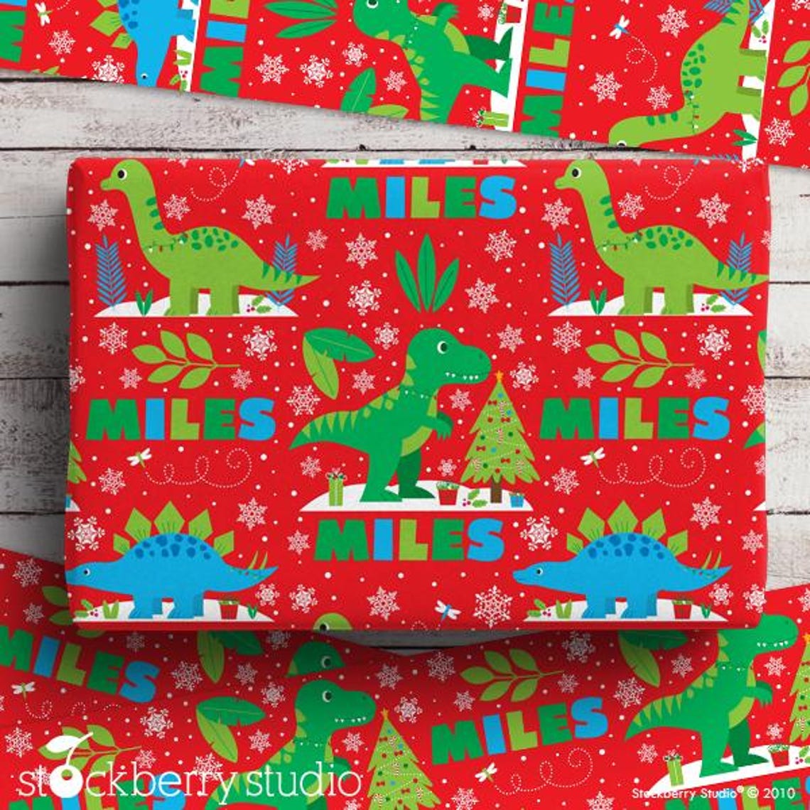 Christmas Dinosaur Wrapping Paper Personalized Boy Name Gift Wrap