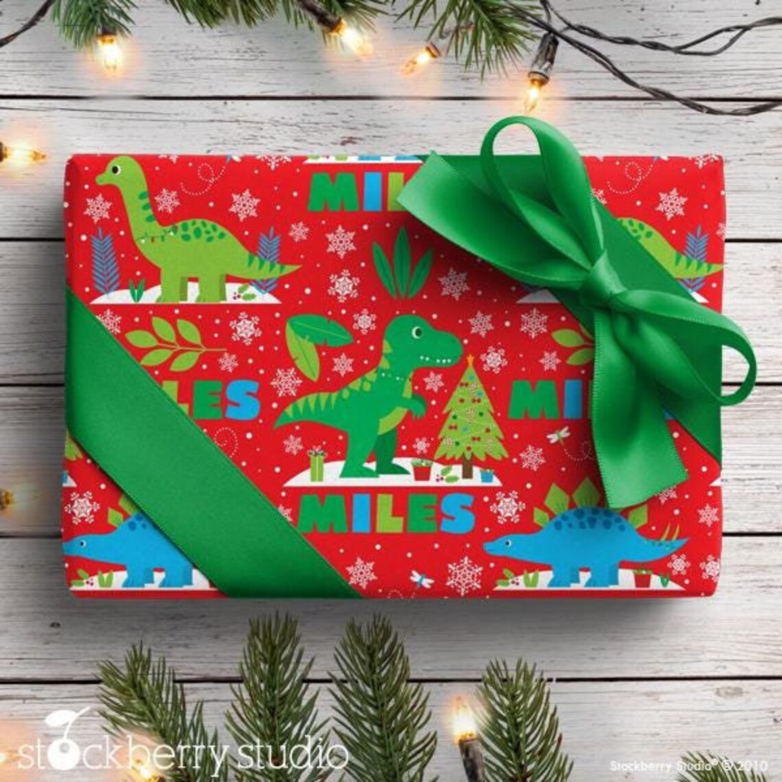 Christmas Dinosaur Wrapping Paper Personalized Boy Name Gift Wrap