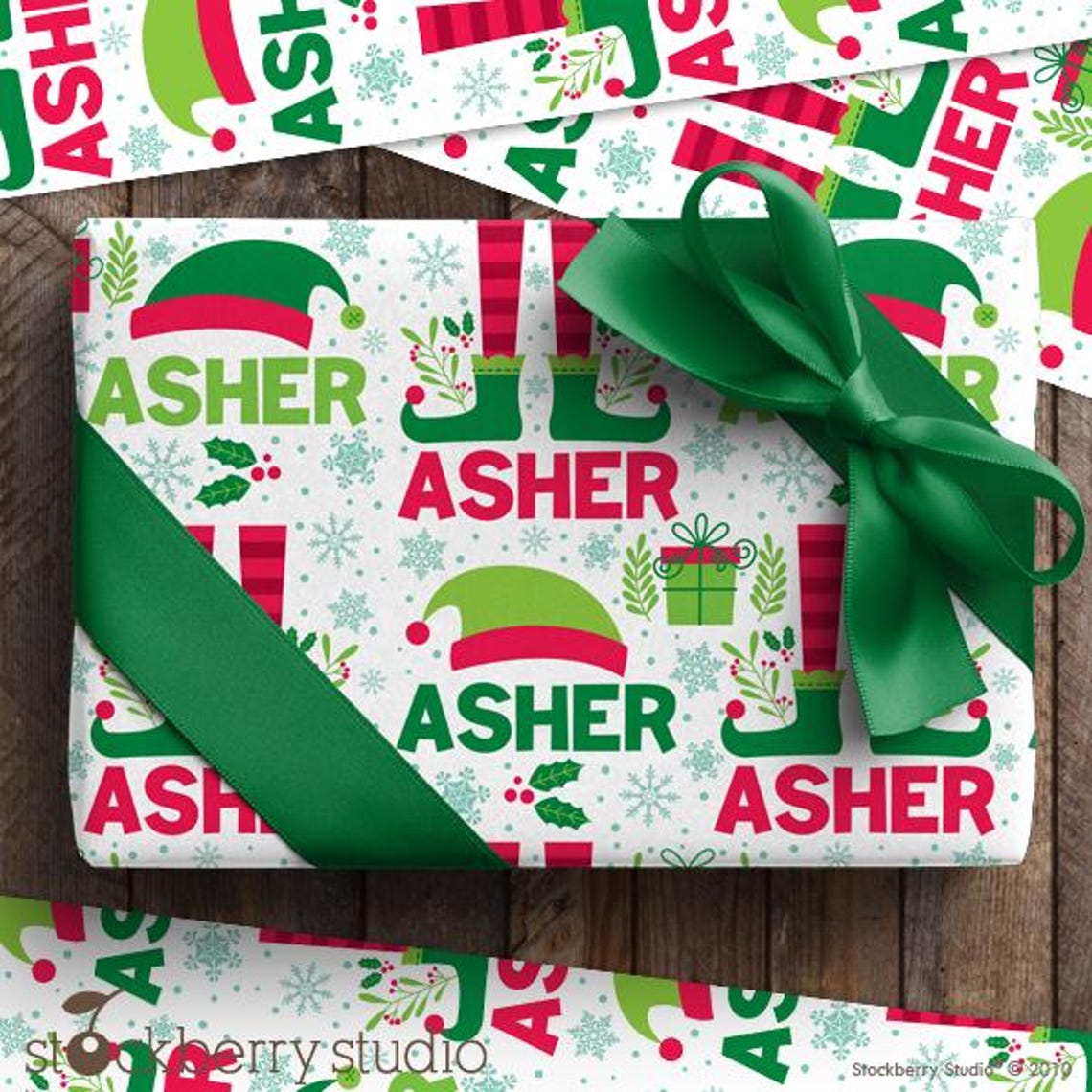 Christmas Elf Name Wrapping Paper Personalized Kids Name Gift Wrap