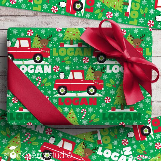 Christmas Red Truck Name Wrapping Paper Personalized – Custom Gift Wrap for Kids, Holiday Present