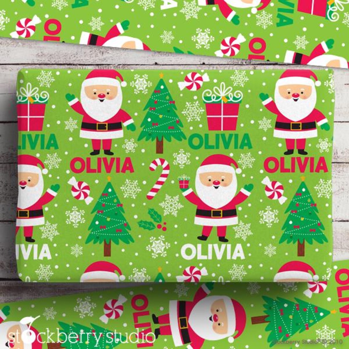 Santa Wrapping Paper Personalized Christmas Tree Gift Wrap Name Kids