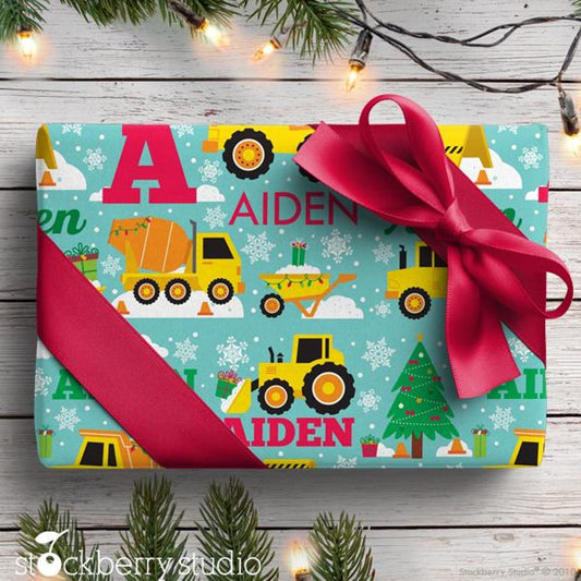 Christmas Construction Wrapping Paper Personalized Boy Name Gift Wrap